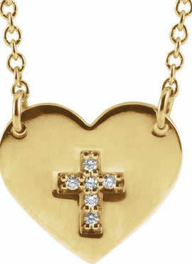 14K White Gold .02 CTW Natural Diamond Heart & Cross 16-18