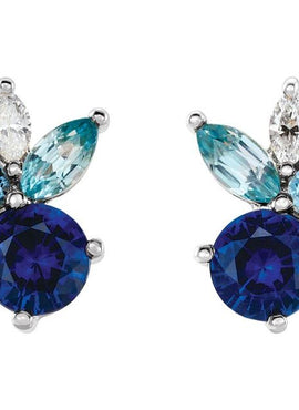 14K White Gold Natural Blue Sapphire, Natural Aquamarine, Natural Blue Zircon & .07 CTW Natural Diamond Earrings