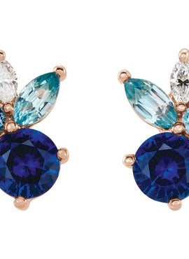 14K White Gold Natural Blue Sapphire, Natural Aquamarine, Natural Blue Zircon & .07 CTW Natural Diamond Earrings