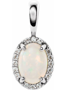 14K White Gold Natural White Opal & .04 CTW Natural Diamond Halo-Style Pendant