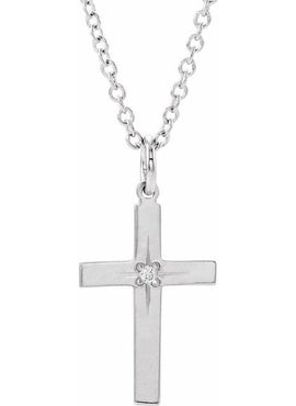 14K White Gold .0075 CT Natural Diamond Youth Cross 15