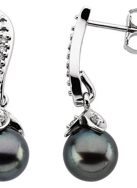 14K White Gold Cultured Black Akoya Pearl & 1/10 CTW Natural Diamond Earrings