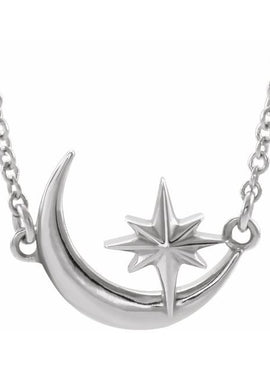 14K White Gold Crescent Moon & Star 16-18
