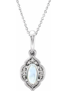 14K White Gold Natural Rainbow Moonstone & .03 CTW Natural Diamond Clover Pendant