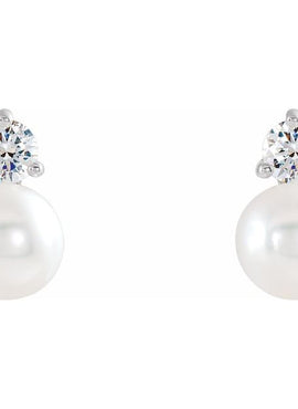 14K White Gold Cultured White Freshwater Pearl & 1/2 CTW Natural Diamond Earrings