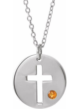 14K White Gold .03 CT Natural Diamond Pierced Cross Disc 16-18
