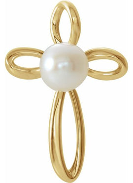 14K White Gold Cultured White Freshwater Pearl Cross Pendant