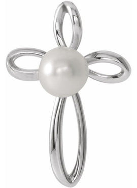 14K White Gold Cultured White Freshwater Pearl Cross Pendant