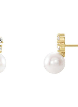 14K White Gold Cultured White Freshwater Pearl & 3/8 CTW Natural Diamond Earrings
