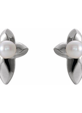 14K White Gold Cultured White Freshwater Pearl Cross Earrings