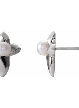 14K White Gold Cultured White Freshwater Pearl Cross Earrings