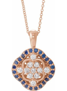 14K White Gold Natural Blue Sapphire & 1/3 CTW Natural Diamond Cluster Pendant
