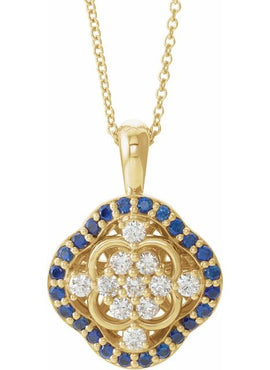 14K White Gold Natural Blue Sapphire & 1/3 CTW Natural Diamond Cluster Pendant