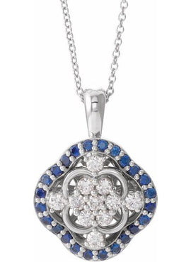 14K White Gold Natural Blue Sapphire & 1/3 CTW Natural Diamond Cluster Pendant
