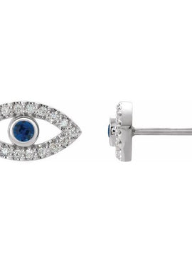 14K White Gold Natural Blue Sapphire & 1/8 CTW Natural Diamond Evil Eye Earrings