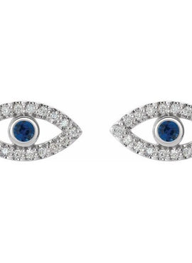 14K White Gold Natural Blue Sapphire & 1/8 CTW Natural Diamond Evil Eye Earrings