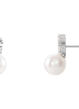 14K White Gold Cultured White Freshwater Pearl & 3/8 CTW Natural Diamond Earrings