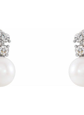 14K White Gold Cultured White Freshwater Pearl & 3/8 CTW Natural Diamond Earrings