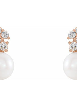 14K White Gold Cultured White Freshwater Pearl & 3/8 CTW Natural Diamond Earrings