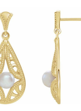 14K White Gold Cultured White Freshwater Pearl Vintage-Inspired Earrings
