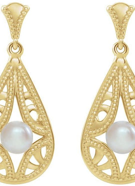 14K White Gold Cultured White Freshwater Pearl Vintage-Inspired Earrings