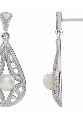 14K White Gold Cultured White Freshwater Pearl Vintage-Inspired Earrings