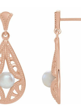 14K White Gold Cultured White Freshwater Pearl Vintage-Inspired Earrings