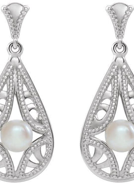 14K White Gold Cultured White Freshwater Pearl Vintage-Inspired Earrings