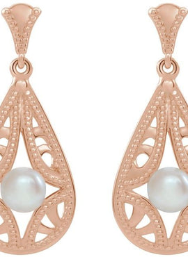 14K White Gold Cultured White Freshwater Pearl Vintage-Inspired Earrings