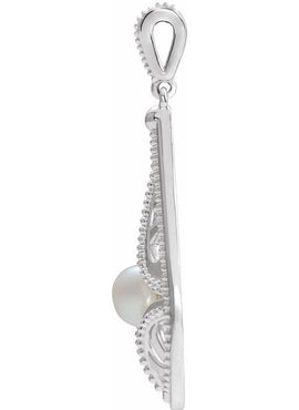 14K White Gold Cultured White Freshwater Pearl Vintage-Inspired Pendant