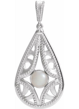 14K White Gold Cultured White Freshwater Pearl Vintage-Inspired Pendant