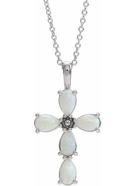 14K White Gold Natural Pink Coral Cabochon Cross Pendant