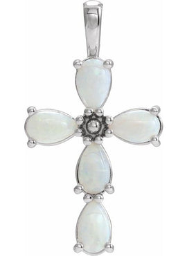 14K White Gold Natural Pink Coral Cabochon Cross Pendant