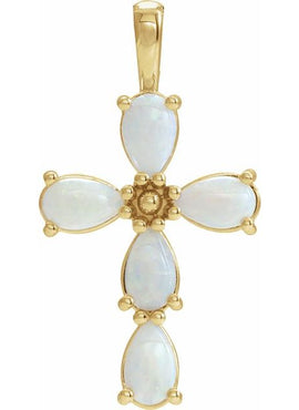 14K White Gold Natural Pink Coral Cabochon Cross Pendant