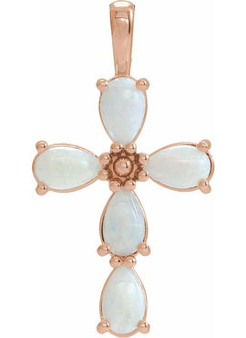 14K White Gold Natural Pink Coral Cabochon Cross Pendant