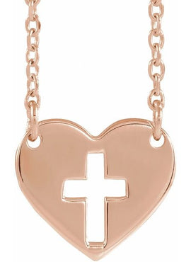 14K White Gold Pierced Cross Heart 16-18