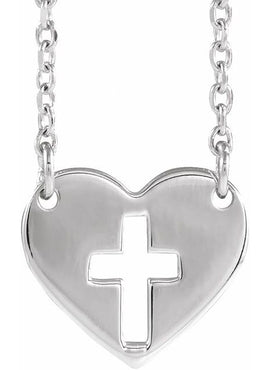 14K White Gold Pierced Cross Heart 16-18