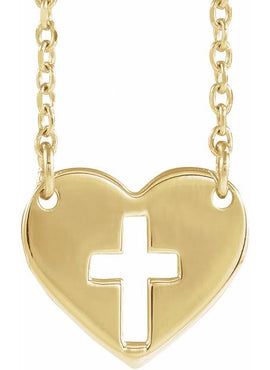 14K White Gold Pierced Cross Heart 16-18