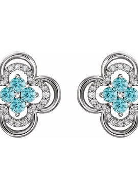 14K White Gold Natural Blue Sapphire & 1/5 CTW Natural Diamond Clover Earrings
