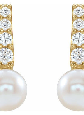 14K White Gold Cultured White Freshwater Pearl & 1/6 CTW Natural Diamond Earrings