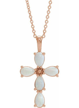 14K White Gold Natural Pink Coral Cabochon Cross Pendant
