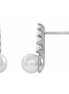 14K White Gold Cultured White Freshwater Pearl & 1/6 CTW Natural Diamond Earrings