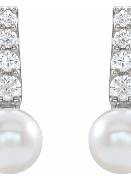 14K White Gold Cultured White Freshwater Pearl & 1/6 CTW Natural Diamond Earrings