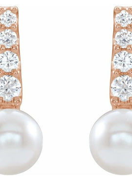 14K White Gold Cultured White Freshwater Pearl & 1/6 CTW Natural Diamond Earrings