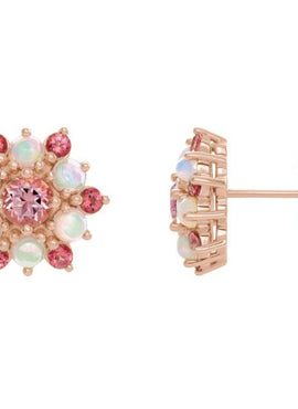 14K White Gold Natural Pink Tourmaline & Natural Ethiopian Opal Cabochon Earrings