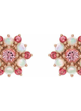 14K White Gold Natural Pink Tourmaline & Natural Ethiopian Opal Cabochon Earrings