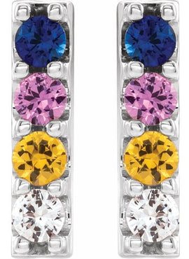 14K White Gold Natural Multi-Gemstone Bar Earrings
