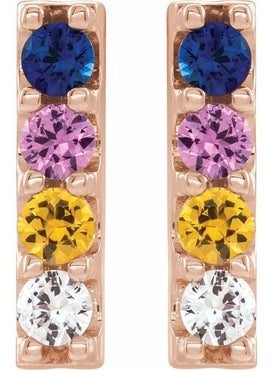14K White Gold Natural Multi-Gemstone Bar Earrings