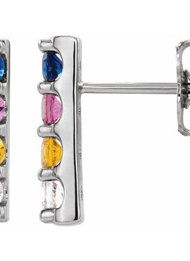 14K White Gold Natural Multi-Gemstone Bar Earrings