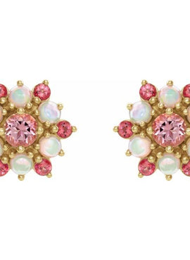14K White Gold Natural Pink Tourmaline & Natural Ethiopian Opal Cabochon Earrings